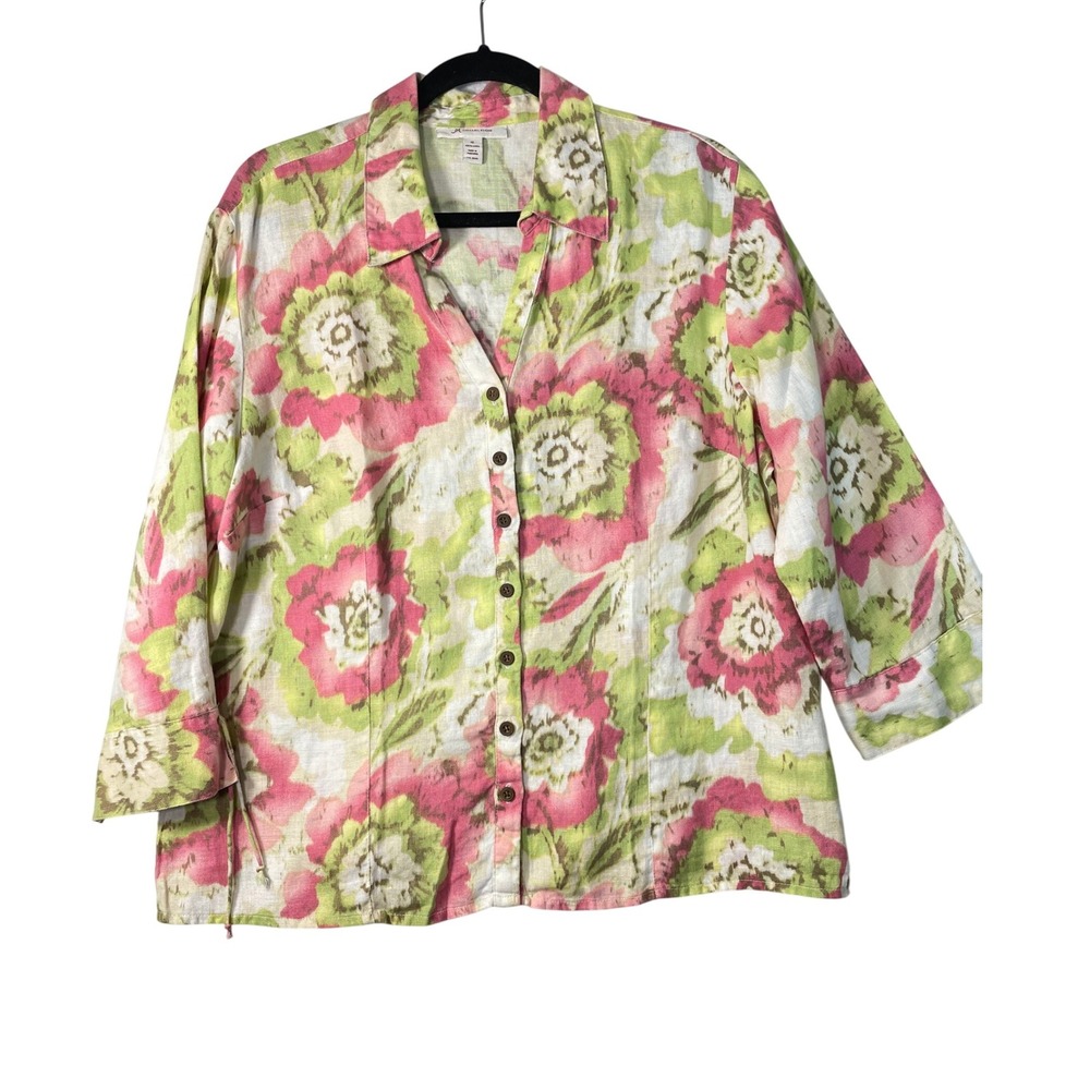 JM Collection Women Size 16 Floral Linen Button Up 3/4 Sleeve Top Blouse
